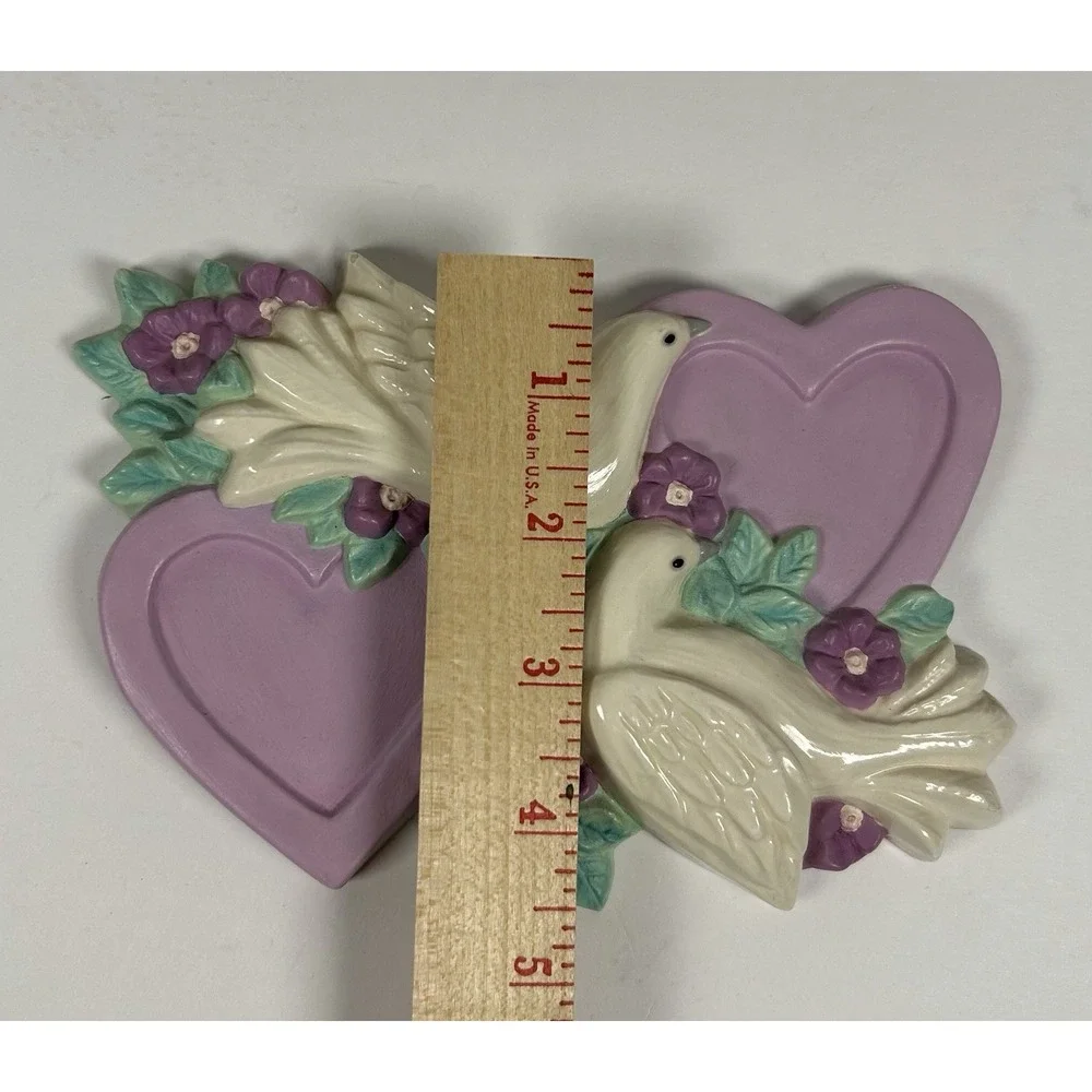 VTG Ceramic Pottery Hand Painted Love Birds Hearts Wall Plaque Purple 6